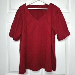 BloomChic Red V‎ Neck Knit Top Short Sleeve Casual Shirt 14 16